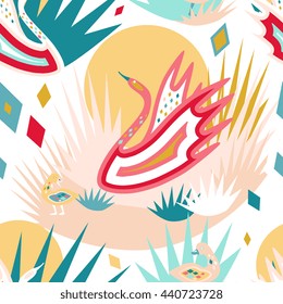 Hans Christian Andersen tale Ugly Duckling inspired seamless pattern with swan. Beautiful asian style minimalistic design in bright fashion colors. For textile, fabric, print, background. 