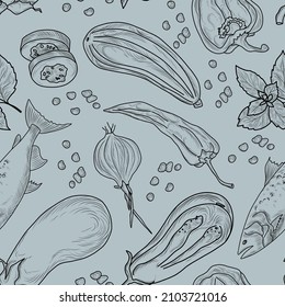 Hans drawn seamless pattern with onion, mint leaves, pepper chilli, zucchini vegetable and salmin fish