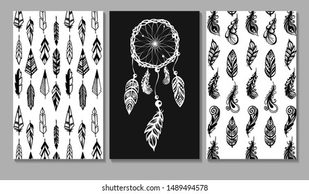 Hans drawn vector cards set. Dreamcatcher and two different feathers patterns. Black and white illustration