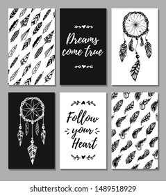 Hans drawn vector cards set in Boho style. Quotes, dreamcatchers and two different feathers patterns. Black and white illustration