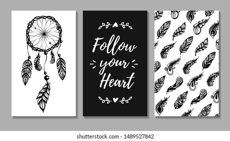 Hans drawn vector cards set in Boho style. Quote, dreamcatcher and feathers pattern. Black and white illustration