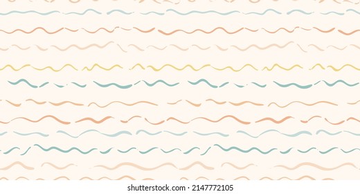 Hans drawn wave pattern, horizontal stripes, vector repeat background with wavy lines.