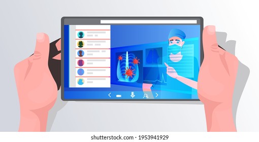 hans using tablet with doctor in mask examining x-ray viral pneumonia symptom coronavirus cells on screen