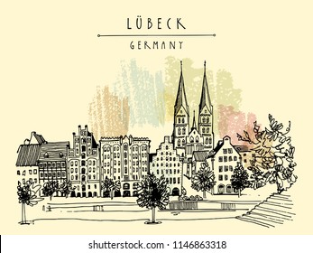 Hanseatic city of  Lubeck, Germany, Europe. Riverside. Historic buildings, trees, river Trave. Hand drawing. Travel sketch. Vintage touristic postcard, poster or book illustration. Vector art