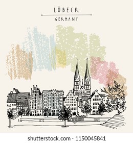 Hanseatic city of  Lubeck, Germany, Europe. Riverside. Historic buildings, trees, river Trave. Hand drawing. Travel sketch. Vintage touristic postcard, poster or book illustration. Vector art