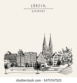 Hanseatic city of  Lubeck, Germany, Europe. Riverside. Historic buildings, trees, river Trave. Hand drawing. European travel sketch. Vintage touristic postcard, poster, artistic book illustration