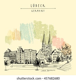 Hanseatic city of  Lubeck, Germany, Europe. Riverside. Historic buildings, trees, rivel Trave. Freehand drawing. Travel sketch. Vintage touristic postcard, poster or book illustration. Vector