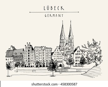 Hanseatic city of  Lubeck, Germany, Europe. Riverside. Historic buildings, trees, river Trave. Freehand drawing. Travel sketch. Vintage touristic postcard, poster or book illustration. Vector