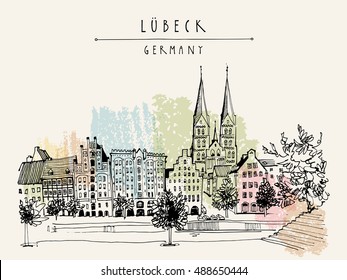 Hanseatic city of  Lubeck, Germany, Europe. Riverside. Historic buildings, trees, river Trave. Freehand drawing. Travel sketch. Vintage touristic postcard, poster or book illustration. Vector