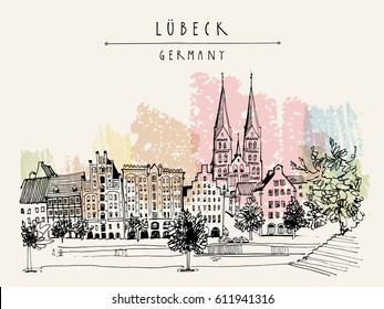 Hanseatic city of  Lubeck, Germany, Europe. Riverside. Historic buildings, trees, river Trave. Freehand drawing. Travel sketch. Vintage touristic postcard, poster or book illustration. Vector