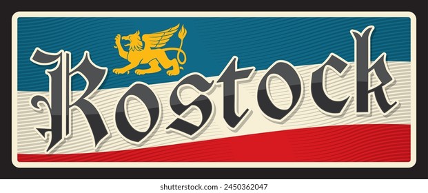 Hanseatic y Universidad Ciudad de Rostock. Pegatina de viaje alemana y placa, etiquetas de equipaje de Vector. Letreros de lata de la ciudad de Alemania y placa con bandera y símbolo de león. Letrero de la ciudad de Deutschland