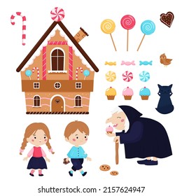 Hansel and Gretel fairy tale for children. Cute kawaii characters, boy, girl, witch, cat and bird on white background. Sweet house with candy and lollipops. Vector illustration.