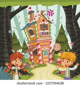 Hansel and Gretel in front of the candy house. Classic children fairy tale.