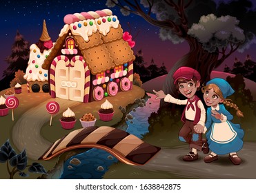 Hansel and Gretel near the candy house. Vector fantasy illustration