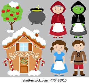 Hansel and Gretel Vector Collection with Witch and Gingerbread House