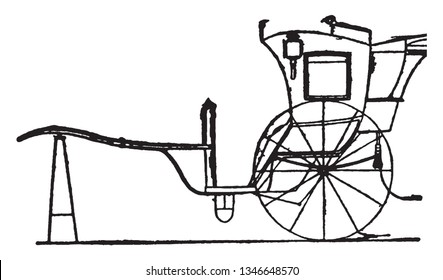 Hansom cab is a kind of horse drawn carriage designed and patented in 1834 by Joseph Hansom, vintage line drawing or engraving illustration.