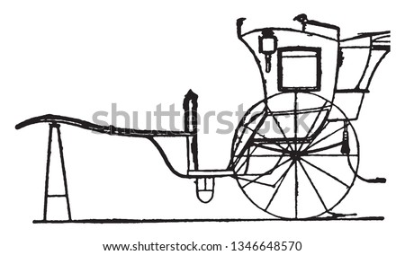 Hansom cab is a kind of horse drawn carriage designed and patented in 1834 by Joseph Hansom, vintage line drawing or engraving illustration.