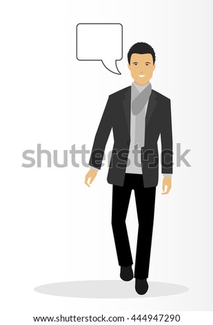 Hansome business man walking and smiling. Full length casual modern suit and scarf. Confident young man with short hair vector.