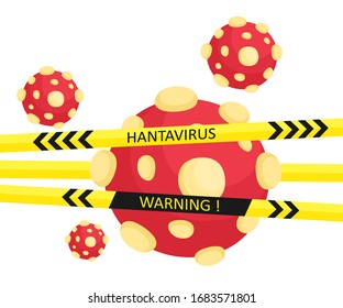 Hantavirus. Warnung. Hantavirus-Mikrobe mit Warnbändern. Vektorillustration.