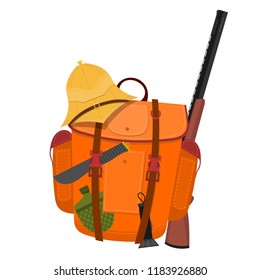 Hanter backpack with detachment on a white background. A hunter's backpack with a gun, an ax, a bowler, a flashlight, a knife in the style of a cartoon. Vector illustration
