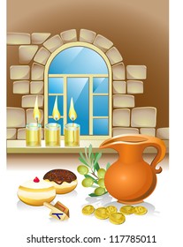 hanuka still life background with candles, donuts and window