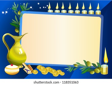 hanuka still life background with candles, donuts and border for text