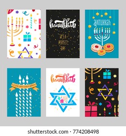 Hanukah card set design. Hanukah festive pattern and elements in flat style. Holiday cards template with David stars and donuts. Hanukkah Calligraphy design style. Design with menorah and dreidel.