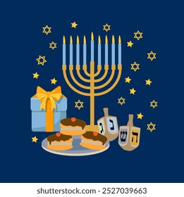 hanukah menora dreidel, regalo presente, festival tradicional, fiesta judía, vela, estrella de David, vela de Israel, invierno ligero hanukan, fondo azul