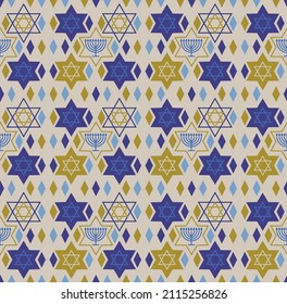 Hanukah seamlessly repeating pattern with star of David and Chanukiah candelabra.