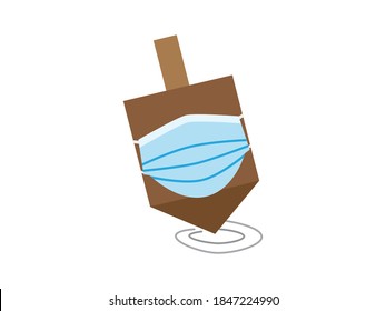 Hanukkah 2020 vector illustration of Brown spinning top wearing Blue face mask on White background