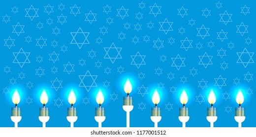 Hanukkah. 2-10 December. Concept of Judaic holiday. Nine candles. Hexagonal star of David