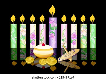 hanukkah background with candles, donuts, oil pitcher and spinning top