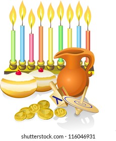 hanukkah background with candles, donuts, oil pitcher and spinning top