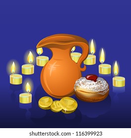 hanukkah background with candles, donuts, oil pitcher and coins