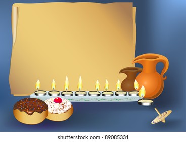 hanukkah background with candles, donuts, oil pitcher and spinning top