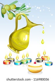 hanukkah background with candles, oil and olive tree