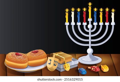 Hanukkah-Hintergrund mit Kopienraum. Silber Neunzweig Menorah mit bunten Kerzen, Geschenke, Dreiecke und Sufganiyot auf hölzerner Oberfläche 