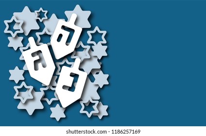Hanukkah background with dreidels, Hebrew letters and David stars. Modern paper cut design for Jewish Festival of light. Vector illustration with place for your text