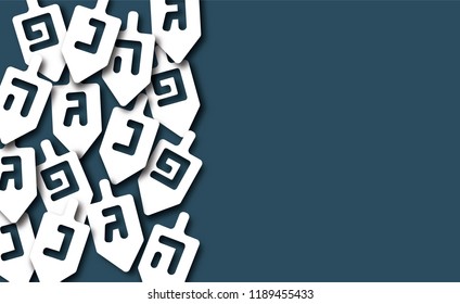 Hanukkah background with dreidels and Hebrew letters. Modern paper cut design for Jewish Festival of light. Vector illustration with place for your text