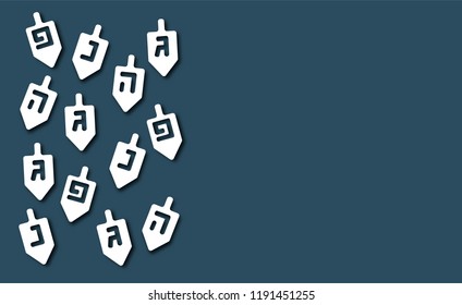 Hanukkah background with dreidels and Hebrew letters. Modern paper cut design for Jewish Festival of light. Vector illustration with place for your text