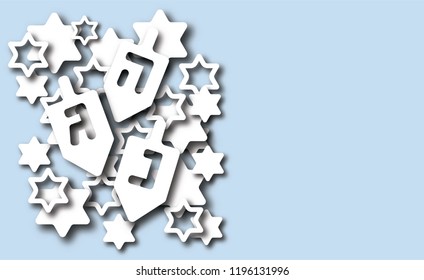 Hanukkah background with dreidels, Hebrew letters and David stars. Modern paper cut design for Jewish Festival of light. Vector illustration with place for your text