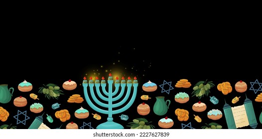 Hanukkah background. Happy Hanukkah banner. Jewish Holiday greeting card template. Hanukkah menorah with candles, dreidels, olive, donuts, Torah, David's star, Sufganiyot donuts. Menorah lights.