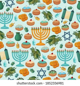 Hanukkah background. Happy Hanukkah pattern. Jewish Holiday print. Colorful  Hanukkah vector illustration. Hanukkah menorah with candles, dreidels, donuts, Torah, doughnut sufganiyot. Chanuka fabric.