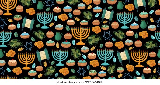 Hanukkah background. Happy Hanukkah pattern. Jewish Holiday print. Hanukkah menorah with candles, dreidels, donuts, Torah scroll, doughnut. Chanuka fabric, textile.Jewish trditional Hanukkah symbools.