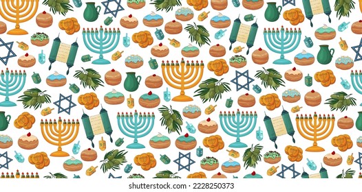 Hanukkah background. Happy Hanukkah pattern. Jewish Holiday print. Hanukkah menorah with candles, dreidels, donuts, Torah scroll, doughnut. Chanuka fabric, textile.Jewish trditional Hanukkah symbools.