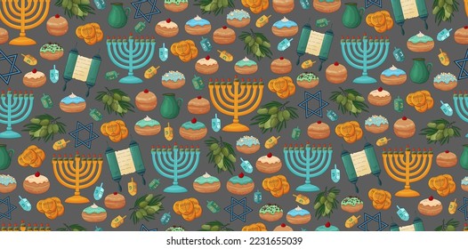 Hanukkah background. Happy Hanukkah pattern. Jewish Holiday print. Hanukkah menorah with candles, dreidels, donuts, Torah scroll, doughnut. Chanuka fabric, textile.Jewish trditional Hanukkah symbools.