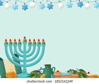 Hanukkah background. Happy Hanukkah vector. Jewish Holiday  greeting card template. Colorful vector illustration isolated on blue background. Hanukkah menorah with candles, dreidels, donuts, Torah.