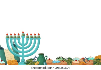 Hanukkah background. Happy Hanukkah vector. Jewish Holiday greeting card template. Colorful vector illustration isolated on blue background. Hanukkah menorah with candles, dreidels, donuts, Torah.