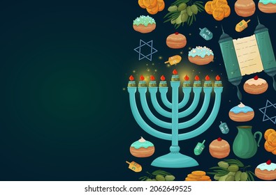 Hanukkah background. Happy Hanukkah vector. Jewish Holiday greeting card template. Colorful vector illustration isolated on blue background. Hanukkah menorah with candles, dreidels, donuts, Torah.