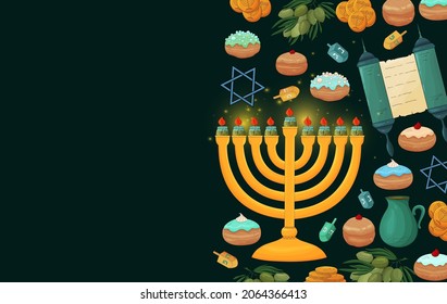 Hanukkah background. Happy Hanukkah vector. Jewish Holiday greeting card template. Colorful vector illustration isolated on blue background. Hanukkah menorah with candles, dreidels, donuts, Torah.